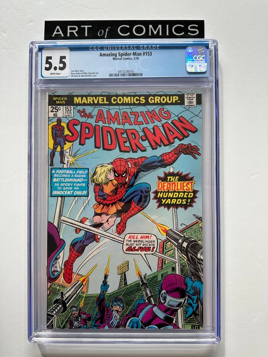 The Amazing Spider-Man #153 -  The Deadliest Hundred Yards! - CGC Graded 5.5 - Mid Grade! - White Pages! - 1 Graded comic - Første udgave - 1976