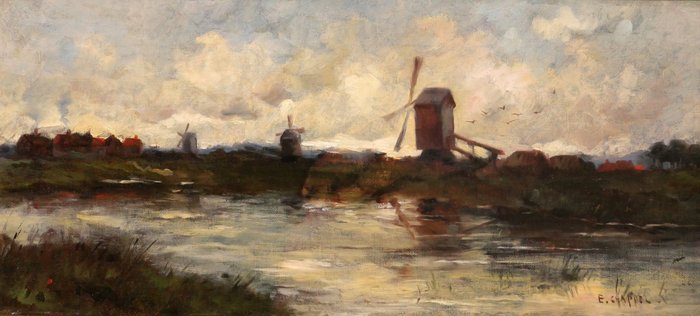 Edward Chappel (1859-1946) - Landscape with mills, Netherlands or Belgium