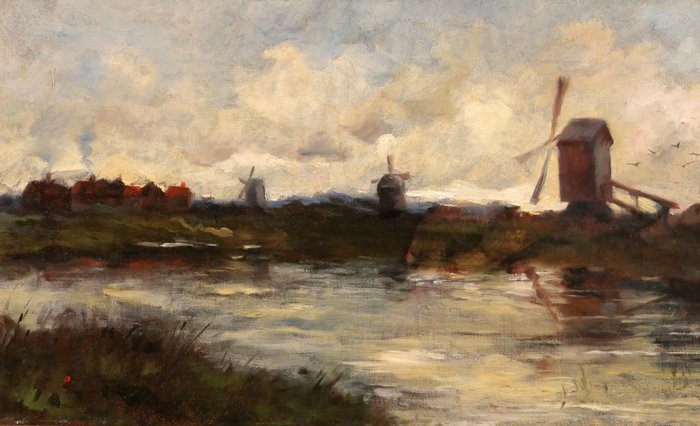 Edward Chappel (1859-1946) - Landscape with mills, Netherlands or Belgium