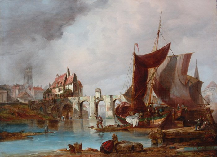 British school (ca. 1860) - Harbour with a medieval bridge