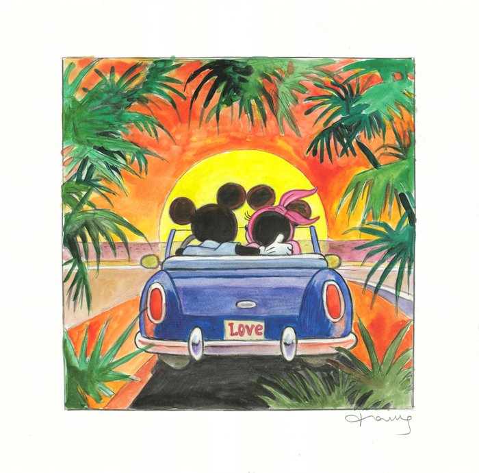 Tony Fernandez - Mickey and Minnie Mouse:  Sunset Drive to Paradise - Original Painting