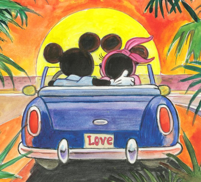 Tony Fernandez - Mickey and Minnie Mouse:  Sunset Drive to Paradise - Original Painting