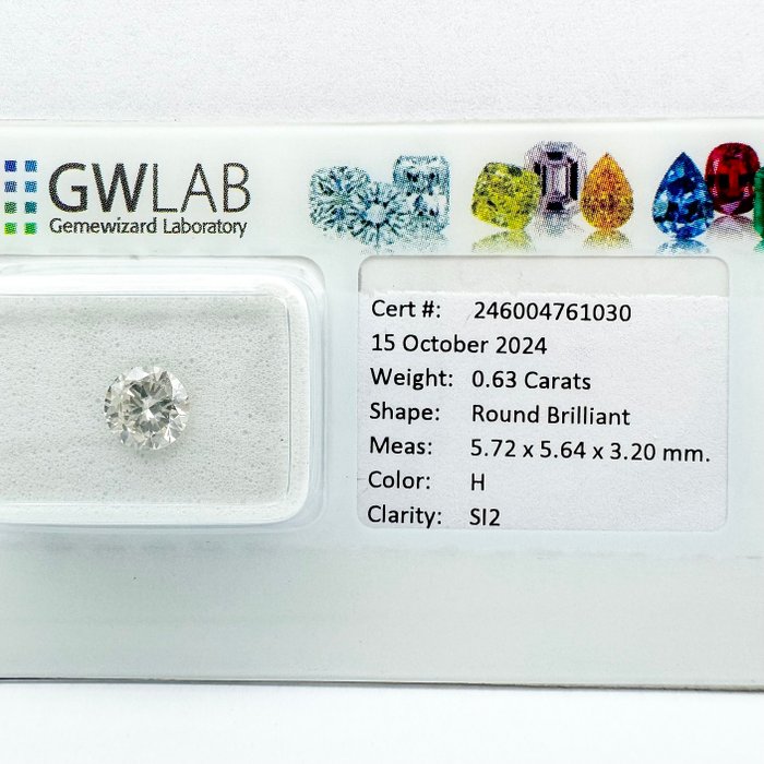 Ingen mindstepris - 1 pcs Diamant  (Natur)  - 0.63 ct - Rund - H - SI2 - Gemewizard Gemological Laboratory (GWLab)