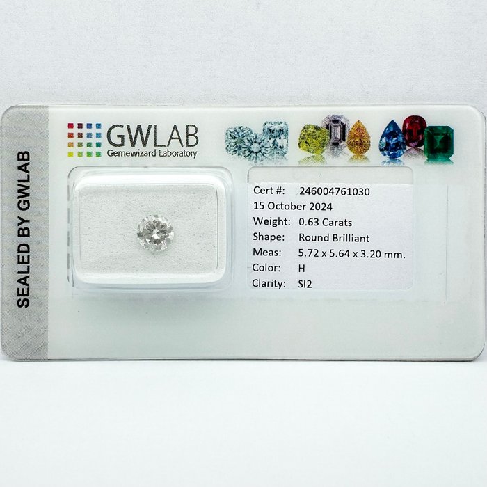 Ingen mindstepris - 1 pcs Diamant  (Natur)  - 0.63 ct - Rund - H - SI2 - Gemewizard Gemological Laboratory (GWLab)