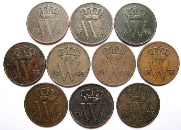 Holland Willem III 1 Cent 1860-1877 (10 verschillende munten) complete serie gekroonde W  (Ingen mindstepris)