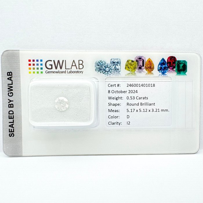 Ingen mindstepris - 1 pcs Diamant  (Natur)  - 0.53 ct - Rund - D (farveløs) - I2 - Gemewizard Gemological Laboratory (GWLab)