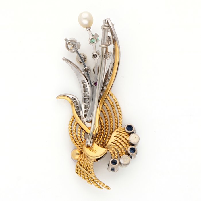 Broche - 14 karat Gulguld, Hvidguld Diamant (Natur)  - Perle