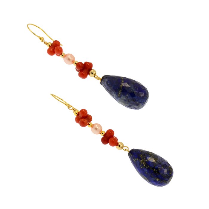 Ingen mindstepris - Øreringe - 18 kraat Gulguld Perle - Lapis lazuli - Koral - Ferskvand 4 mm