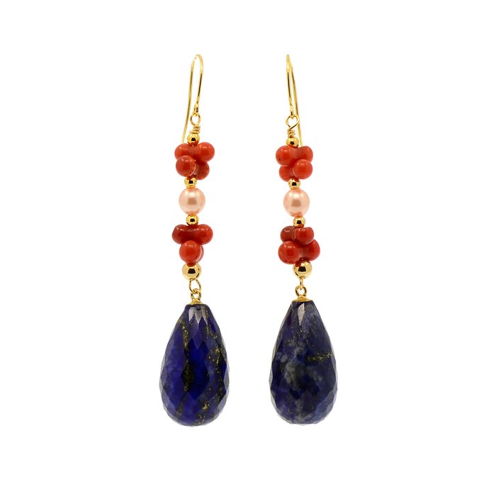 Ingen mindstepris - Øreringe - 18 kraat Gulguld Perle - Lapis lazuli - Koral - Ferskvand 4 mm