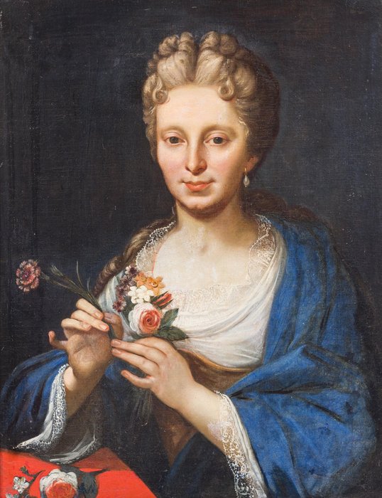 Fransk skole (XVIII) - Porträt einer jungen Dame mit einem Blumenstrauß, - NO RESERVE