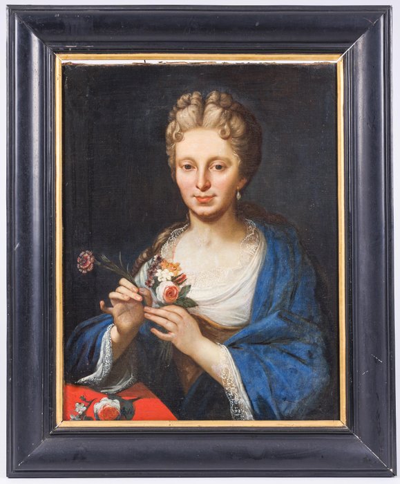 Fransk skole (XVIII) - Porträt einer jungen Dame mit einem Blumenstrauß, - NO RESERVE