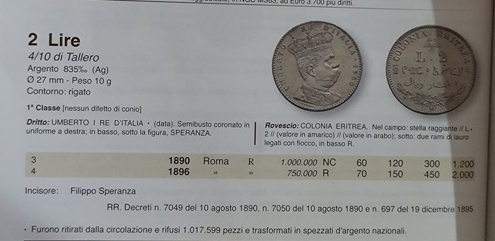 Italien, Italien Eritrea. Umberto I di Savoia (1878-1900). 2 Lire 1890