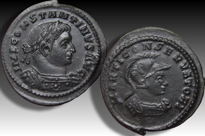 Romarriket. Constantine I (AD 306-337). Follis Treveri (Trier) mint 310-313 A.D. - MARTI CONSERVATORI - scarce/rare double portrait coin