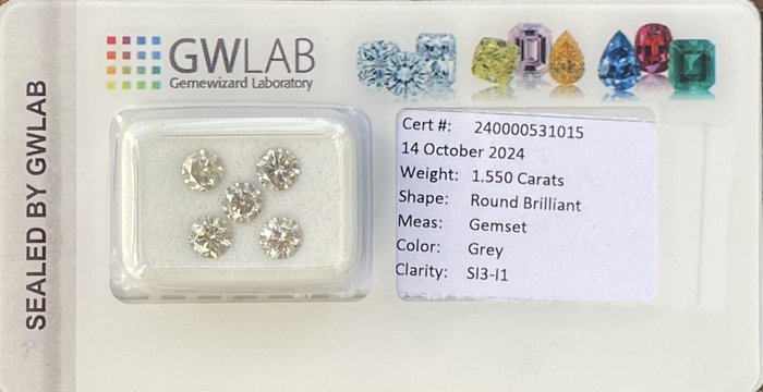 Ingen mindstepris - 5 pcs Diamant  (Natur)  - 1.55 ct - Rund - I1, SI3 - Gemewizard Gemological Laboratory (GWLab) - Grå