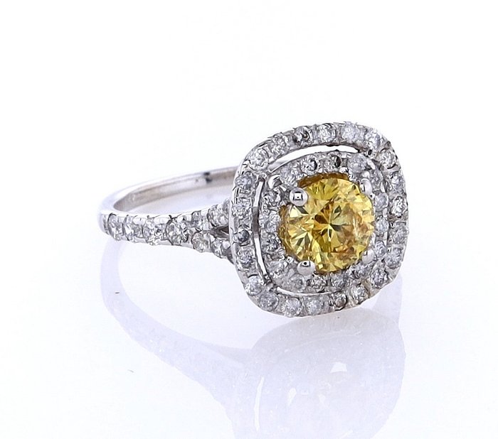 Ring - 14 karat Hvidguld -  0.53ct. tw. Gul Diamant (Naturfarvet) - Diamant