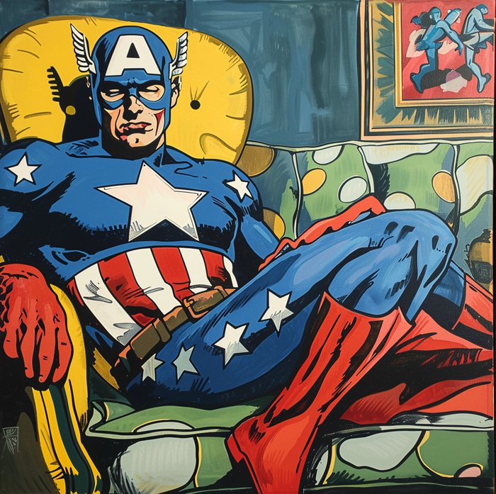 I_KONIQ (1969) - SUPER HEROES RELAX AFTER HARD DAY'S WORK  (SET OF 4 CANVAS) in LICHTENSTEIN  STYLE - ex 1/10