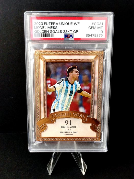 2023 Futera World Football Unique Lionel Messi 06/10 Golden Goal 23Kt Gold Plated PSA 10 - 1 Graded card