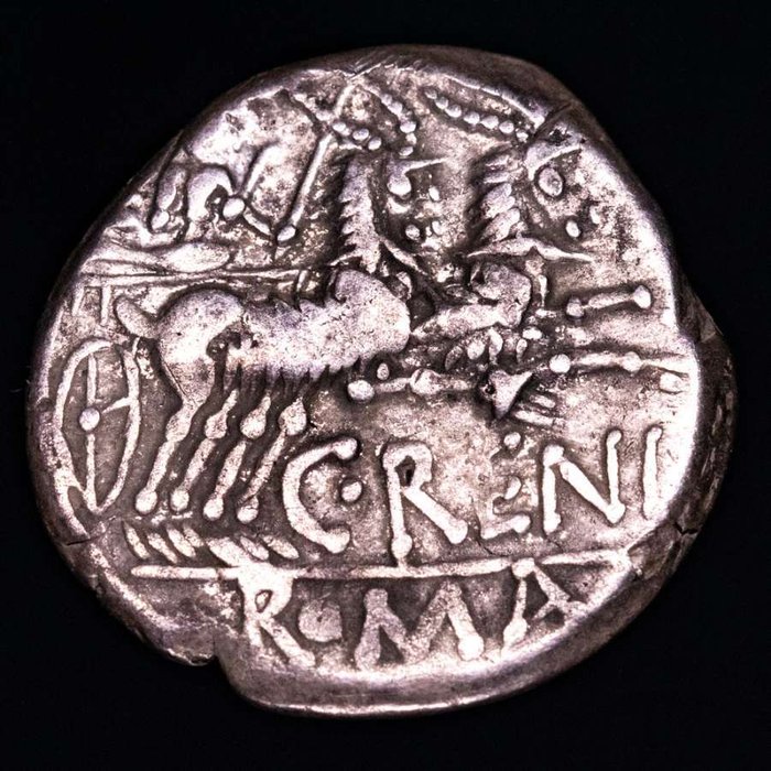 Romerska republiken. C. Renius. 138 f.Kr.. Denarius Rome mint. C•RENI below, ROMA in exergue, Juno Caprotina, holding whip, reins and scepter, driving  (Ingen mindstepris)