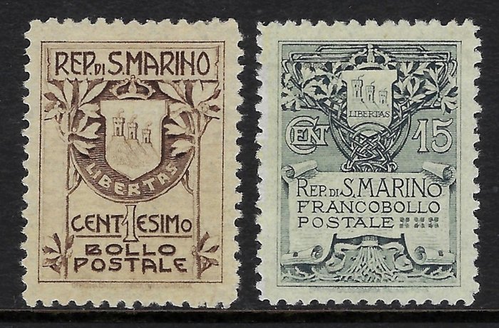 San Marino 1910 - Stemma Nova tiratura carta sottile - Sassone N. 49/50