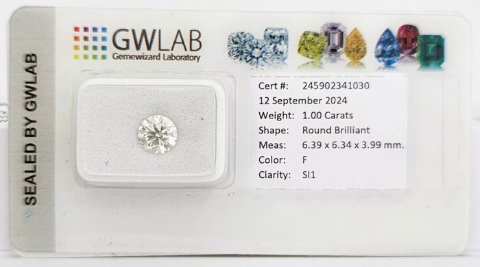 1 pcs Diamant  (Natur)  - 1.00 ct - Rund - F - SI1 - Gemewizard Gemological Laboratory (GWLab)