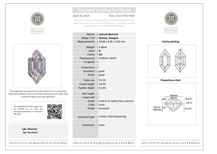 1 pcs Diamant  (Natur)  - 1.16 ct - SI2 - Instituto Gemólogico Español (IGE) - Ingen