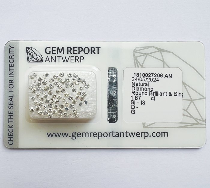 Ingen mindstepris - 80 pcs Diamant  (Natur)  - 1.67 ct - Rund - D (farveløs), G - I3, SI1 - Gem Report Antwerp (GRA)