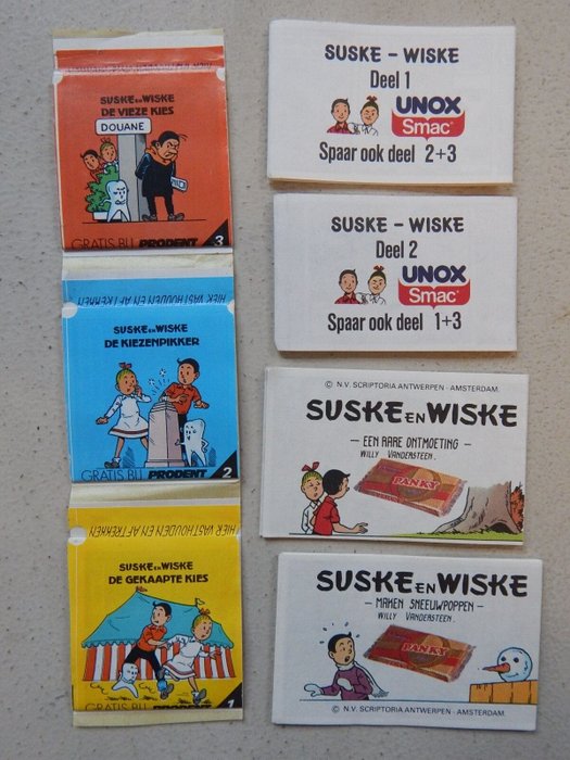 Suske en Wiske Lot van 7x vouwstrip - o.a. Panky - Prodent - Unox - 7 x foldebånd - Første udgave - 1982/1987