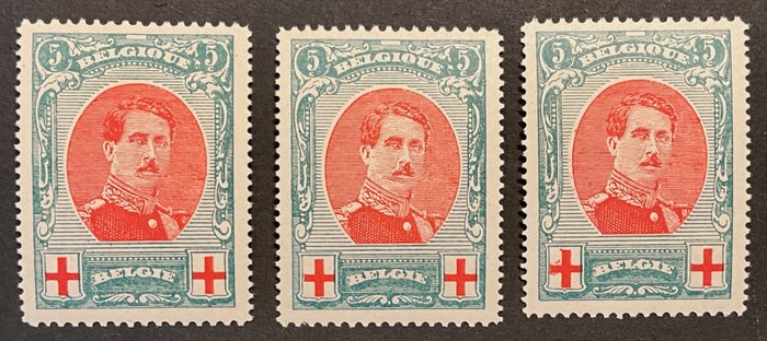 Belgien 1915 - Udgave Albert I Røde Kors 5c Perforering 12x14 - MNH - 3 sorter jfr. VARIABEL - OBP 132A - Varibel V 1-4-9