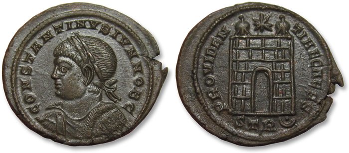 Romarriket Constantine II as Caesar Follis Treveri (Trier) circa 326 AD - mintmark STR (crescent dot) - mint state coin