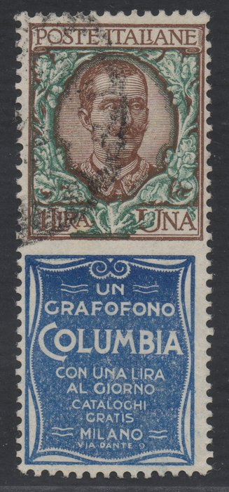 Italien Kongerige 1924 - 1 Lira Columbia Annoncering - Brugt - Signeret Fiecchi - Sassone n. 19