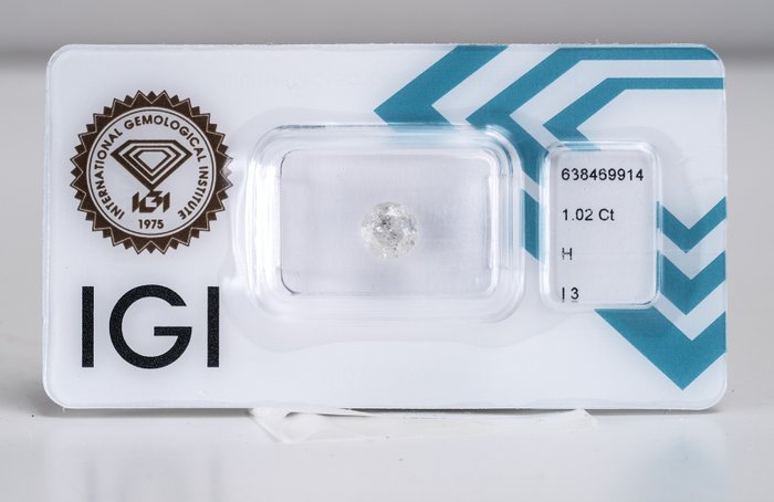 Ingen mindstepris - 1 pcs Diamant  (Natur)  - 1.02 ct - Rund - H - I3 - International Gemological Institute (IGI)