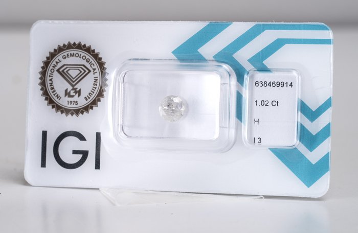 Ingen mindstepris - 1 pcs Diamant  (Natur)  - 1.02 ct - Rund - H - I3 - International Gemological Institute (IGI)