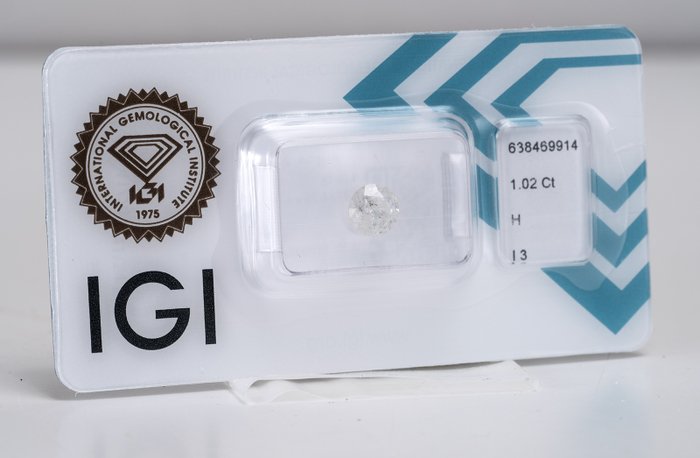 Ingen mindstepris - 1 pcs Diamant  (Natur)  - 1.02 ct - Rund - H - I3 - International Gemological Institute (IGI)