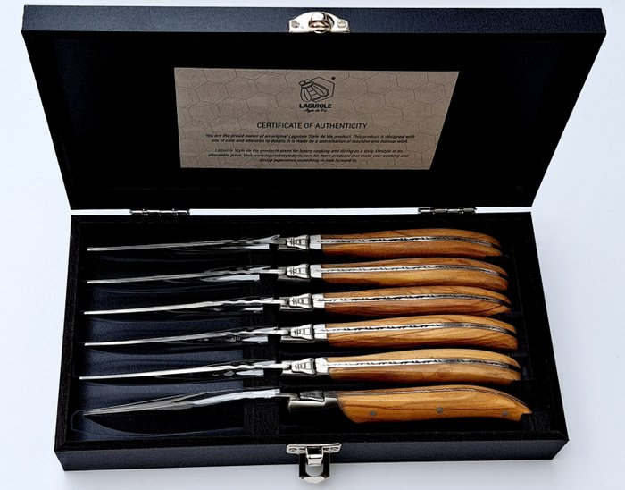 Laguiole - 6x Luxury Steak Knives - Olive Wood - style de - Bordknive sæt (6) - Rustfrit stål