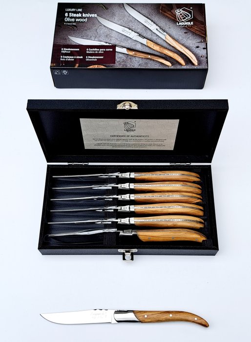 Laguiole - 6x Luxury Steak Knives - Olive Wood - style de - Bordknive sæt (6) - Rustfrit stål