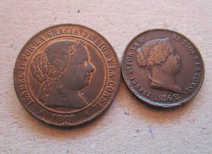 Kongeriget Spanien. Isabel II (1833-1868). 2 1/2  centimos de escudo Jubia 1868  y 10 centimos de real  de Segovia 1862  (Ingen mindstepris)