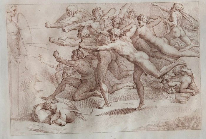 Francesco Bartolozzi (1727-1815) after Michelangelo - 2 etchings : Archers - and The punishment of Tityus