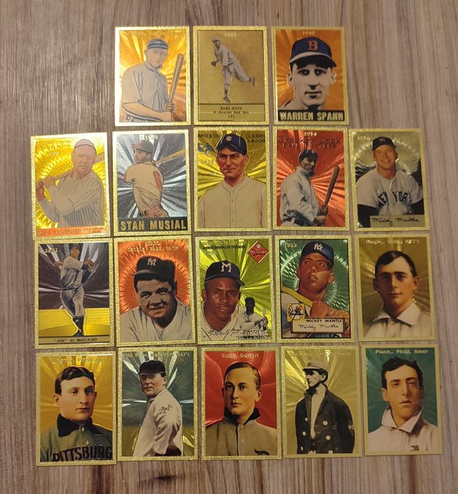 Baseball 24K Gold Honus Wagner, Babe Ruth, Joe Di Maggio, Mickey Mantle - 18 Card - Næsten så god som ny (NM)