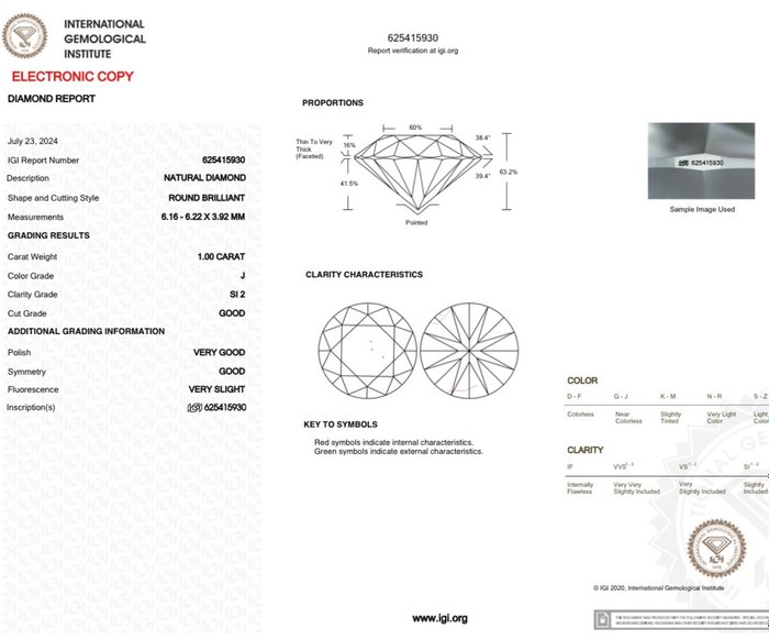 1 pcs Diamant  (Natur)  - 1.00 ct - Rund - J - SI2 - International Gemological Institute (IGI)