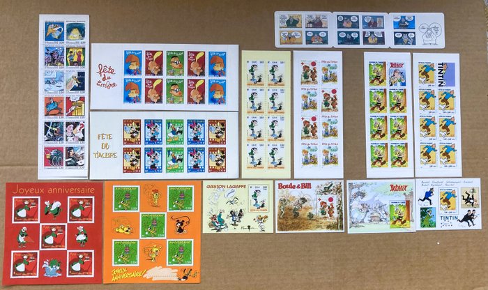 Bécassine, Boule  Bill, Gaston, Marsupilami, Mickey Mouse, Tintin, Titeuf, Asterix - 14 Frimærker, blokke, notesbøger