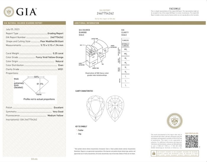 1 pcs Diamant  (Naturfarvet)  - 0.25 ct - Pære - Fancy vivid Gul, Orange - VVS1 - Gemological Institute of America (GIA)