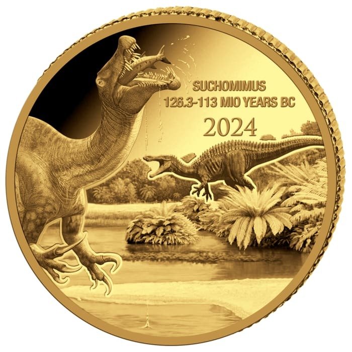 Congo. 100 Francs Goldmünze Kongo Prehistoric Life II. (2.) - Suchomimus 0,5 Gramm Gold - Polierte Platte  (Ingen mindstepris)