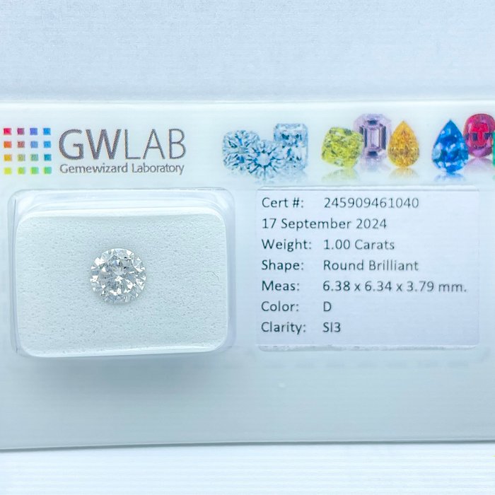 Ingen mindstepris - 1 pcs Diamant  (Natur)  - 1.00 ct - Rund - D (farveløs) - SI3 - Gemewizard Gemological Laboratory (GWLab)