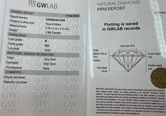 Ingen mindstepris - 1 pcs Diamant  (Natur)  - 1.00 ct - Rund - D (farveløs) - SI3 - Gemewizard Gemological Laboratory (GWLab)