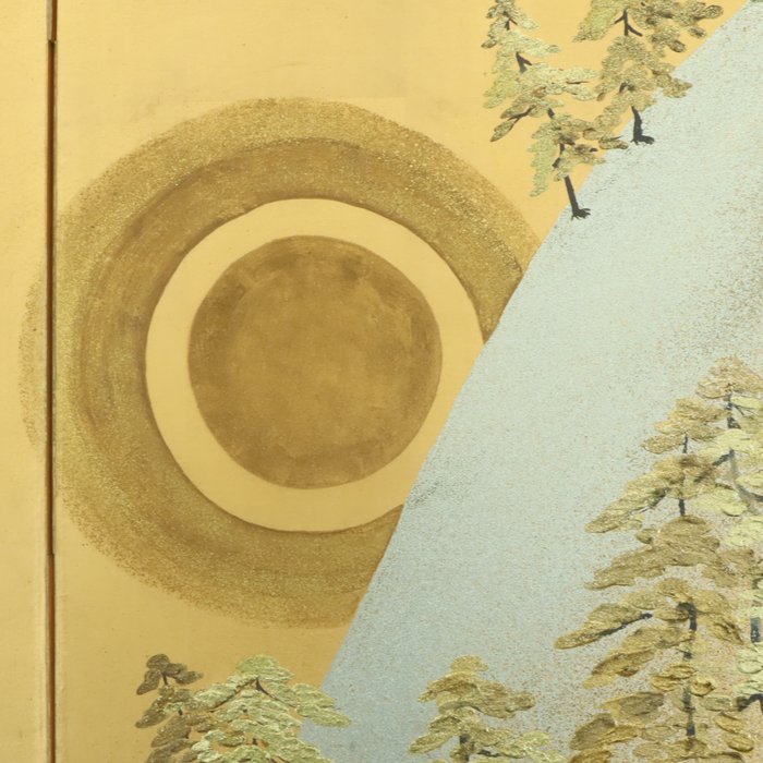 Foldeskærm - Byobu med to paneler, der skildrer landskab og sol med kunstnersignatur - Japan