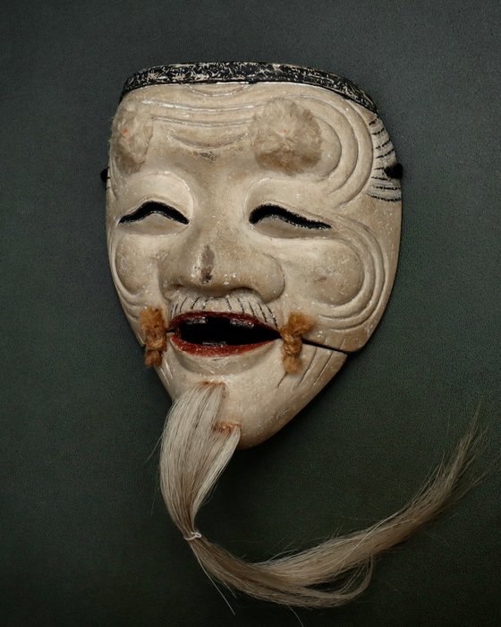 Excellent carved Japan Wooden Noh Mask of Okina 翁 (with Mask Bag) - Skulptur Træ - Japan  (Ingen mindstepris)