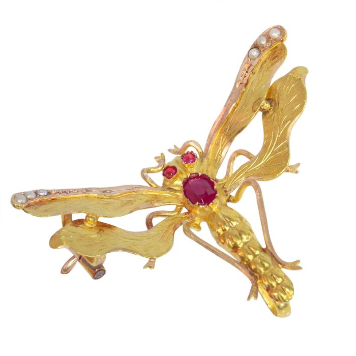 Broche - 18 kraat Gulguld -  0.26ct. tw. Rubin - Perle - Dragonfly Victorian, 1880