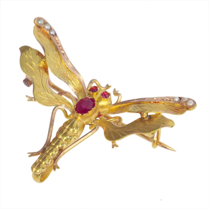 Broche - 18 kraat Gulguld -  0.26ct. tw. Rubin - Perle - Dragonfly Victorian, 1880