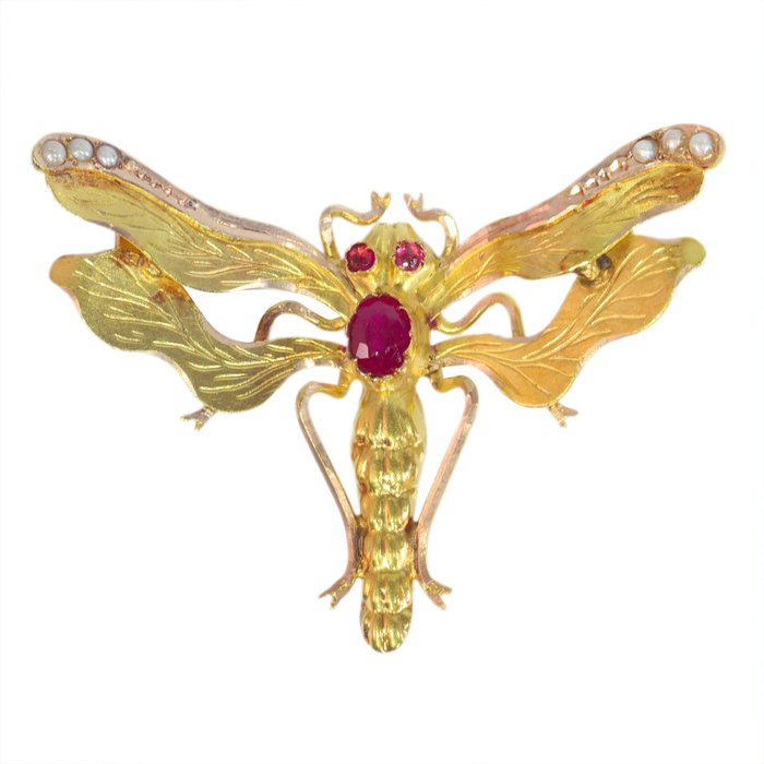 Broche - 18 kraat Gulguld -  0.26ct. tw. Rubin - Perle - Dragonfly Victorian, 1880