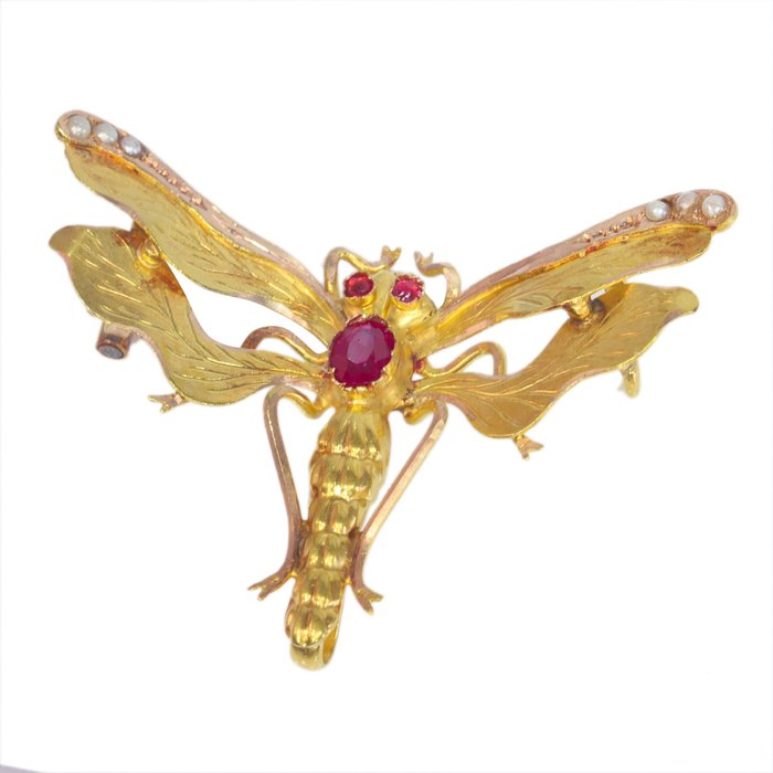 Broche - 18 kraat Gulguld -  0.26ct. tw. Rubin - Perle - Dragonfly Victorian, 1880